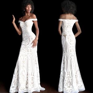 JOVANI 64277 OFF WHITE SEQUIN DECO SWEETHEART FITTED TRUMPET EVENING GOWN DRESS
